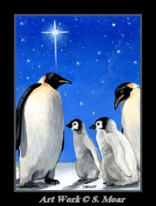 Pinguino Fauna Selvatica Stelle Cielo Ghiaccio Inverno ACEO Edizione Limitata Stampa Arte Miniatura - Foto 1 di 1