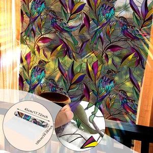 Stained Glass Window Film Privacy Rainbow Frosted Film Static Cling Colored Bird - Picture 1 of 8