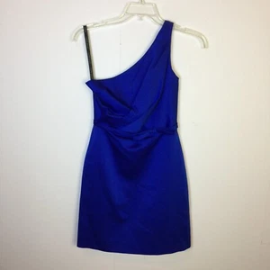 Alfred Angelo Mini Cocktail Dress Size 2 Womans Blue Satin One Shoulder Pleated - Picture 1 of 16