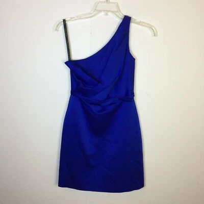 Alfred Angelo Mini Cocktail Dress Size 2 Womans Blue Satin One Shoulder Pleated - Image 1 of 4