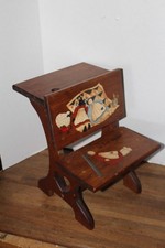 Vtg Hand Crafted Mini Decorative All Wood Doll School Desk, Painted Scenes