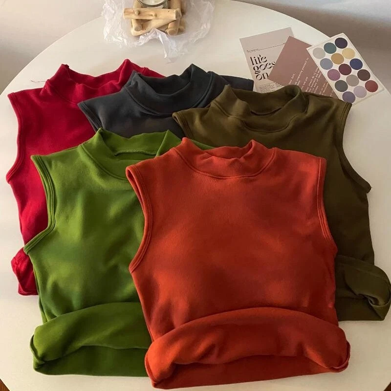 1X Women Fleece Lined Vest with Built in Bra Padded Sleeveless Cropped Tank Top - Image 1 of 4