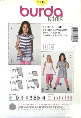 Burda Kids 9518 Girls Shirt Pants Leggings Pattern Size 4-10 Uncut - Image 1 of 2