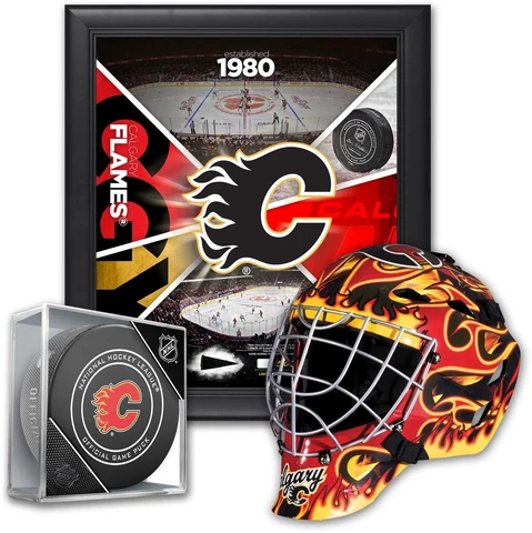Calgray Flames Fan Bundle - With Team 15" x 17" Frame, Mini Goalie Mask & Puck Cover