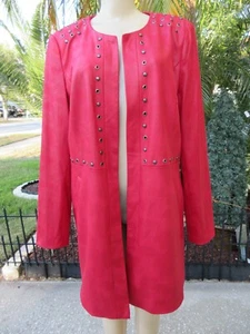 Lena Gabrielle Red Studded Long Jacket Size 12 No Closure Faux Leather Look - Picture 1 of 12