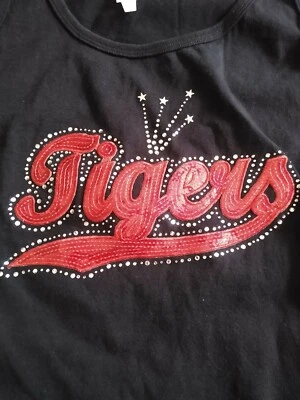 Camiseta sin mangas sexy con pedrería y lentejuelas Bling Tigres recortados laterales para mujer mediana Foto 1 de 4