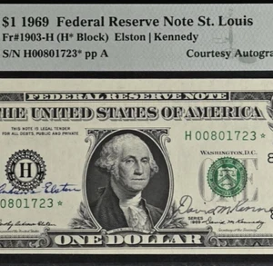 1969 $1 Federal Reserve Note -PMG 63EPQ - Dual Autograph - Star - Elston/Kennedy - Picture 1 of 3