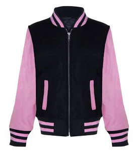 Kids Varsity Black & Pink Bomber Jacket with Real Leather Sleeves 3-13 yrs - Picture 1 of 8