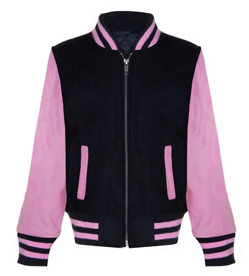 Kids Varsity Black & Pink Bomber Jacket with Real Leather Sleeves 3-13 yrs - Image 1 of 4