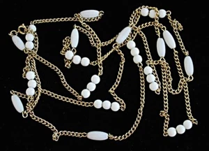 Vintage White with Gold Chain Accents 52" Beads Necklace B80 - Picture 1 of 2