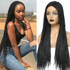 Black Braided African Wig Handmade Box Braids Wigs Natural Synthetic Braiding - Picture 1 of 9