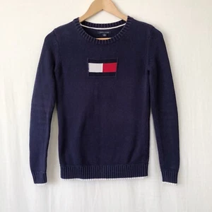 Tommy Hilfiger Knit Jumper Size XXS Navy Red Flag Logo Cotton Pullover Sweater - Picture 1 of 11
