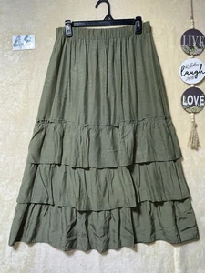 Olive Green Ruffled Tiered Maxi Skirt Flare Size L - Picture 1 of 8