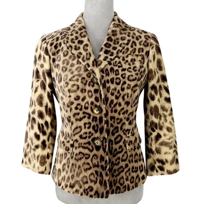 Talbots Jacket 4 Womens Beige Cotton Velour Animal Print Button Up Pockets Lined - Image 1 of 4