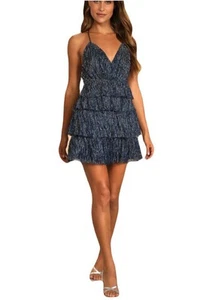 Lulus Women Metallic Tiered Babydoll Mini Dress Sz L Empire Blue Hoco Party NWT - Picture 1 of 11