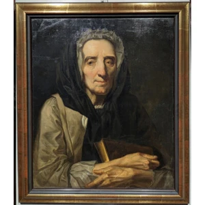 Antique French Portrait Of a Woman Holding a book" Oil Painting On Canvas Framed - Picture 1 of 4