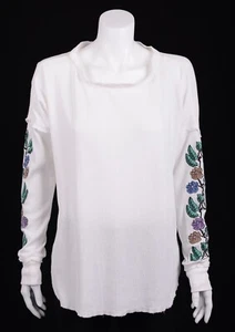 NEW Anthropologie White Waffle Knit Cotton Embroidered Floral Henley Shirt XS - Picture 1 of 9
