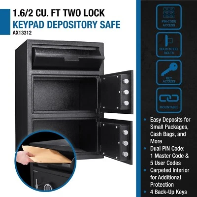 Barska 1.6 cu ft Double Keypad Compartment Safe + Drop Slot Back-up Keys AX13312 - Image 1 of 4