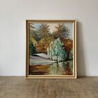 Vintage Oil Board Framed Forest Woodland Landscape Trees Lake River Painting