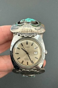 Vintage Navajo Sterling Silver Turquoise Stone Cuff Bracelet Timex Watch - Picture 1 of 12