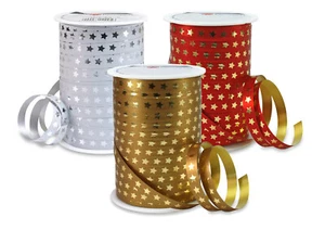 Christmas Star Curling Ribbon 10mm - Roll or Cut Length - 3 Colours - Picture 1 of 4