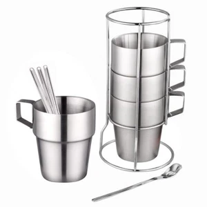 Stainless Steel Coffee Cups with Spoons & Stand Double Walled Coffee Mug with... - Picture 1 of 8