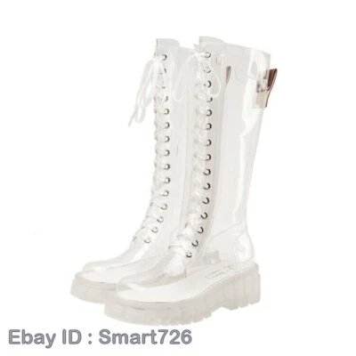 Chic Women's Round Toe Clear Knee High Boots Fall Winter Side Zip Lace Up Shoes - Image 1 of 4