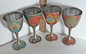 VNTG Brass Enameled Peacock & Heart Wine Goblets Made IN Ivory Palace India - Picture 1 of 11