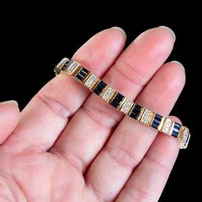 8Ct Baguette Simulated Blue Sapphire ROW Tennis bracelet 14K Yellow Gold Plated - Image 1 of 4