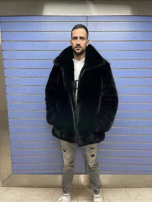 Luxury Full Skin Black  Fox Fur Mens Coat Real Fur Jacket Skin To Skin Black Fox - Image 1 of 4