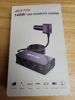 BESTEK 9 in 1 Car Charger 148W 3-Socket PD 30W and QC3.0 18W Charging Ports LED - Image 1 of 3