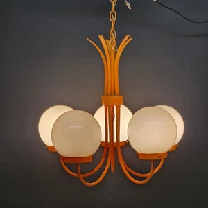 Orange Atomic Chandelier Ceiling Light Fixture 5 White Round Shades 22"d x 19"h - Picture 1 of 12