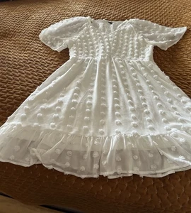 Dress XL Swiss Dot White V Necked Lined Annebouti Smocked Bust Ruffled Hem - Picture 1 of 7