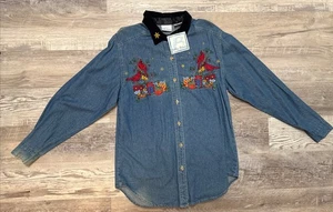 Vtg Bobbie Brooks Embroidered Denim Blue Jean Shirt Christmas Cardinal’s Sz S - Picture 1 of 7