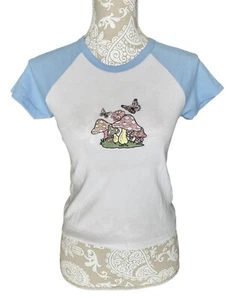 Faded Rose Blue Mushrooms Butterflies Embroidered Shirt Top - Size Large Juniors - Picture 1 of 2