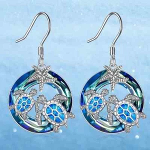 Blue Sea Turtles & Starfish Round Earrings Beach Ocean Women's Fashion Gift - Picture 1 of 3
