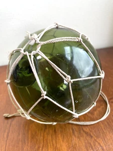 Vintage Green Blown Glass Fishing Float Ball Buoy with Netting 4 1/2 " - Picture 1 of 10