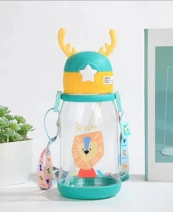 Kawaii Bear Plastic Water Bottle with Straw Shoulder Strap Cute Kids Bottles - Picture 1 of 4