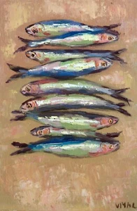 Fish Oil Painting Original Still Life Food Kitchen Artwork Collectible Art 12x8 - Picture 1 of 3