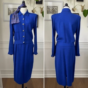 Vintage St John 3pc Skirt Suit Santana Knit Cobalt Blue Silk Scarf M 10 - Picture 1 of 10