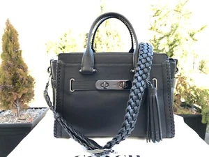 Auténtico Excelente Usado COACH BOLSO CARTERA CUERO NEGRO TRENZADO Correa Cremallera Superior - Imagen 1 de 19