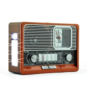 RADIO VINTAGE BLUETOOTH RICARICABILE USB STEREO HI-FI CON TORCIA ED OROLOGIO AUX - Foto 1 di 5