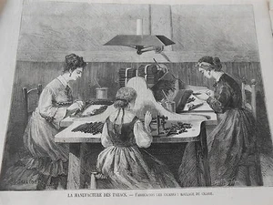 Gravure 1874 - La Manufacture des Tabacs Fabrication des Cigares le roulage - Picture 1 of 1
