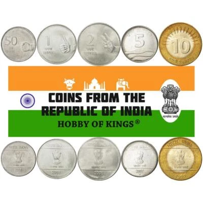 India | 5 Coin Set | 50 Paise 1 Rupee 2 5 10 Rupees | 2007 - 2011 - Image 1 of 3
