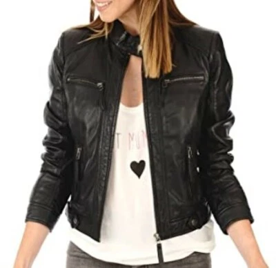 Women Leather Jacket Black Slim Fit Biker Motorcycle lambskin Jacket - Image 1 of 4