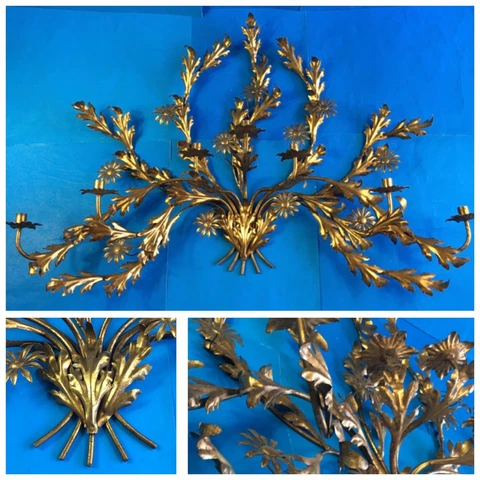 1950s Italian Gold Gilt Regency 7 Candle Metal Candelabra Wall Sconce 2.5’ x 5’ Cover