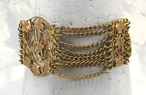 Bracelet Gold Tone Ornate Handmade Filigree 7 Link Chain Rare Antique - Picture 1 of 12