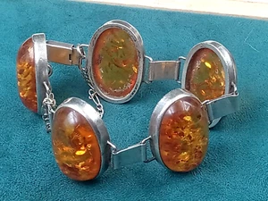 7" long Sterling Silver Link Bracelet w. Five Cabochon Amber Settings - Picture 1 of 10