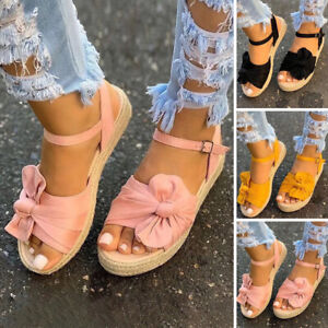 Womens Ladies Sandals Espadrilles Platform Bow Summer Wedge Sandals Shoes Size