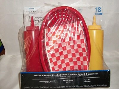 Barbeque Serving Set 8 Red Baskets Ketchup Mustard Bottle Paper Liners BBQ Fish - Image 1 of 4